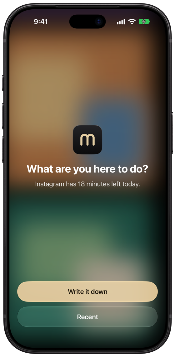 Meram's block screen on iPhone: What are you here to do? Instagram has 18 minutes left today.